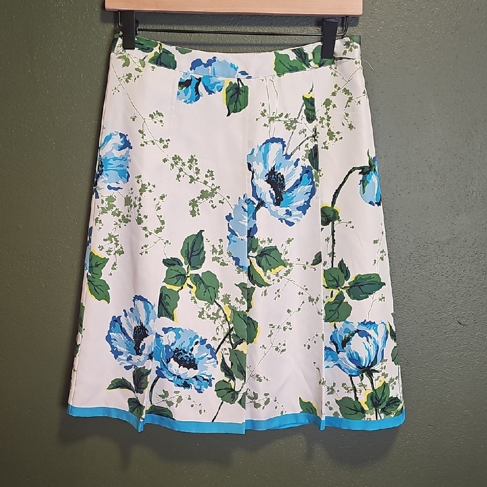 Banana Republic Silk Floral A-Line Skirt 0 White Blue Cottagecore feminine‎
